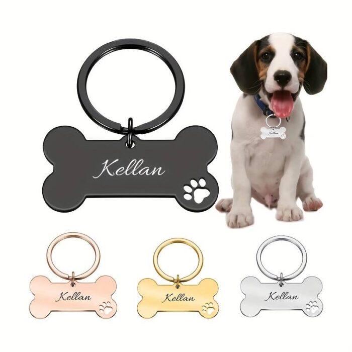 Stainless Steel Bone Shape Dog ID Tag With Paw - Black Anodized